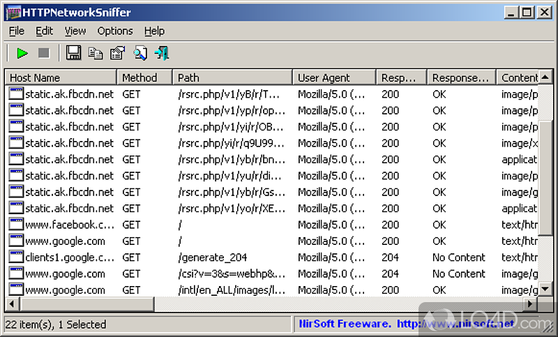 Captures and displays HTTP requests / responses through various packet capture drivers such as the WinPcap - Screenshot of HTTPNetworkSniffer