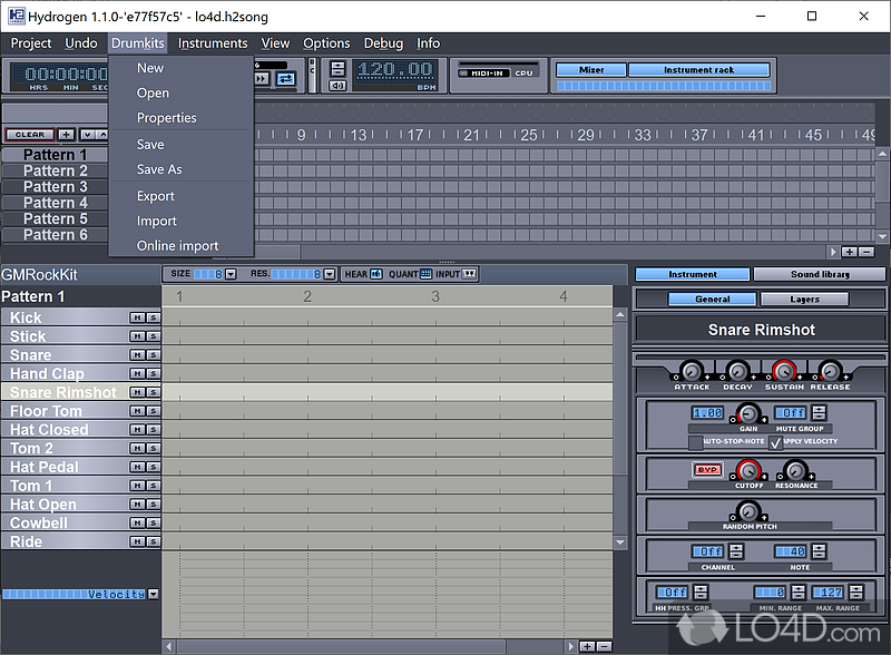 Create drum beat tracks in a user interface with instruments - Screenshot of Hydrogen