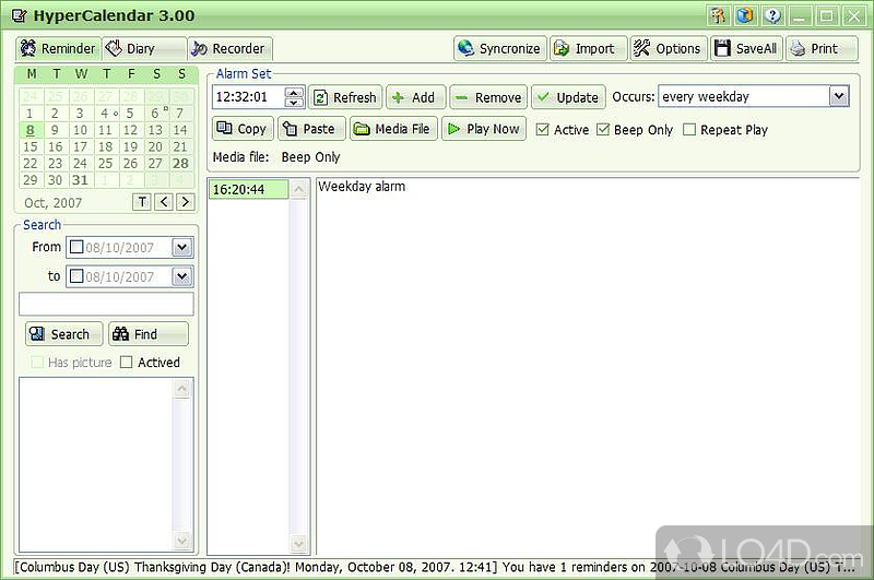 Calendar customization options - Screenshot of HyperCalendar Free
