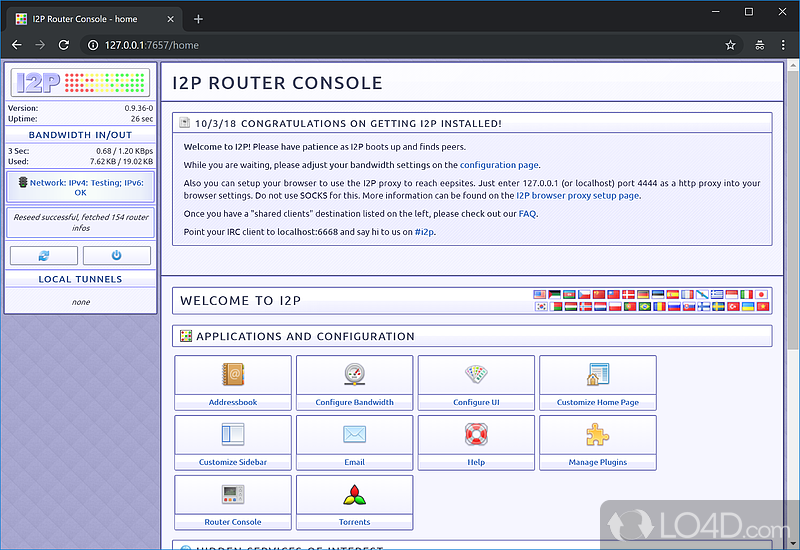 Ensures anonymity across Internet connections - Screenshot of I2P