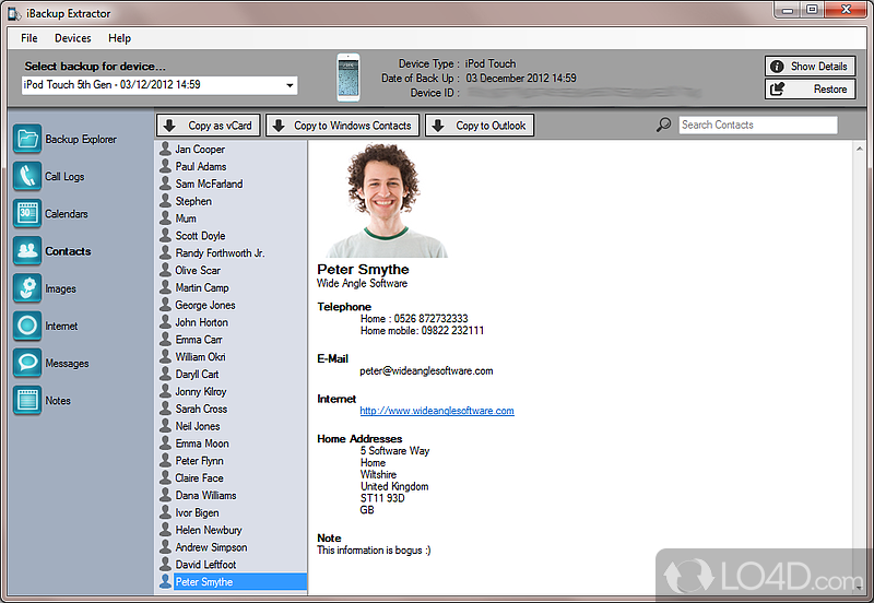 Software utility to extract data from the backups performed by iTunes on Apple devices - Screenshot of iBackup Extractor