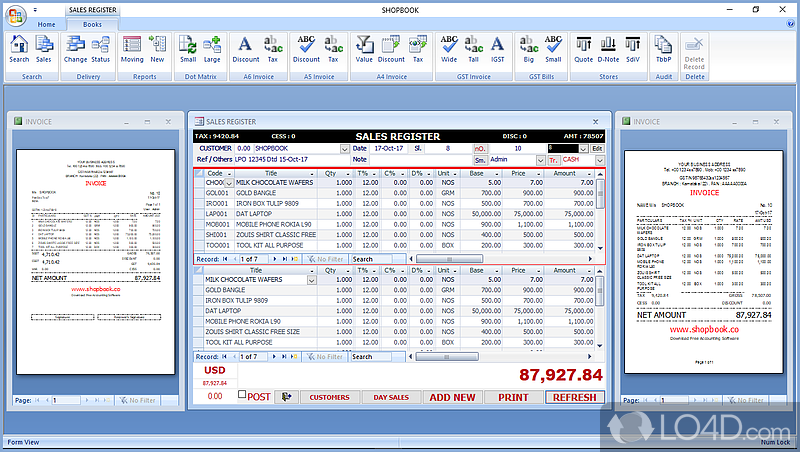 Quick access to management areas through the main menu - Screenshot of Shopbook