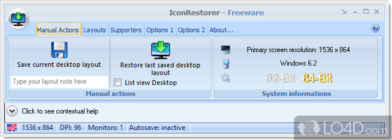 Save the position of icons on desktop, separately for each display resolution - Screenshot of IconRestorer