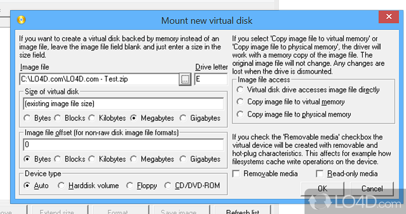 Disk driver for system to reserve a segment of RAM in order to create virtual disks - Screenshot of ImDisk