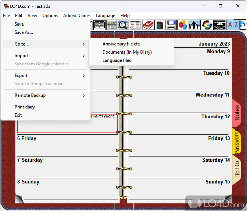 Personal diary software supporting vCards and iCalender files - Screenshot of In My Diary