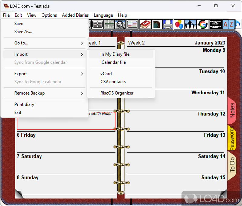 In My Diary: User interface - Screenshot of In My Diary