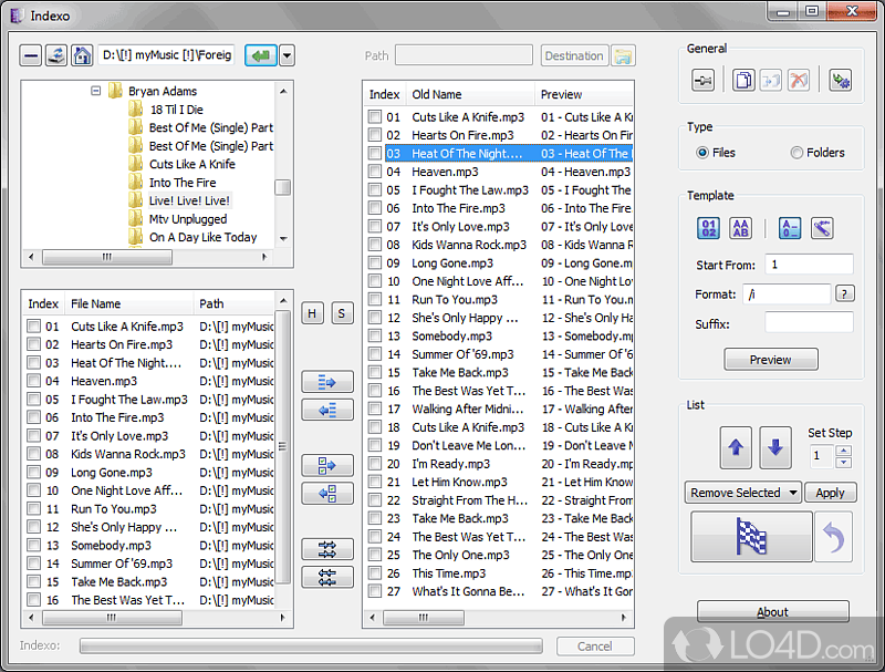 Modify file or folder names to add an index number or letter and other renaming rules - Screenshot of Indexo