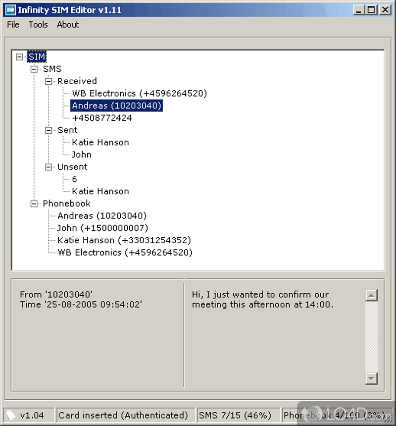 Access SIM card date with Smartmouse USB developers kit - Screenshot of Infinity SIM Editor