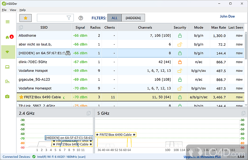 Wi-Fi network scanner that displays detailed information about all the detected wireless networks - Screenshot of InSSIDer Office