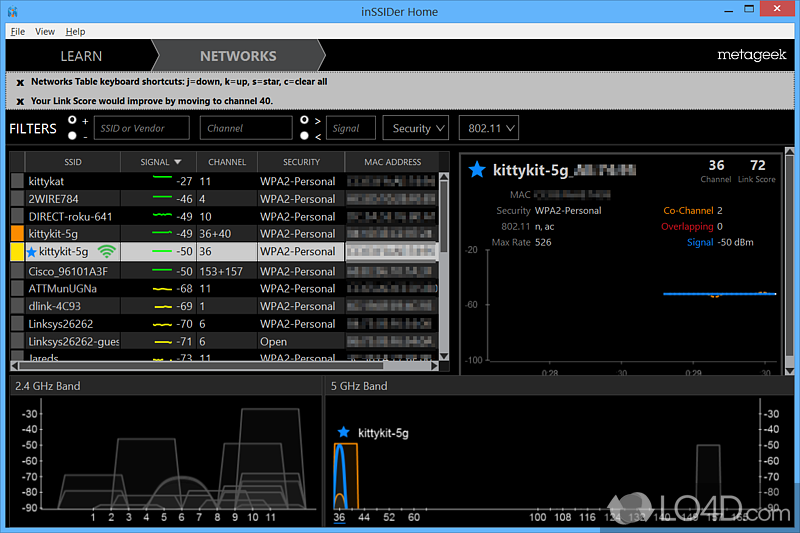 Wi-Fi network scanner that displays detailed information about all the detected wireless networks - Screenshot of inSSIDer