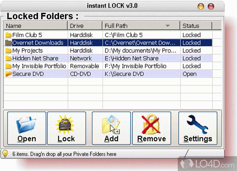 Piece of software to secure and protect folders by hiding them without damaging their contents - Screenshot of instant LOCK