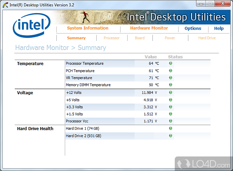 Monitor system temperatures, voltages, fan speeds - Screenshot of Intel Desktop Utilities