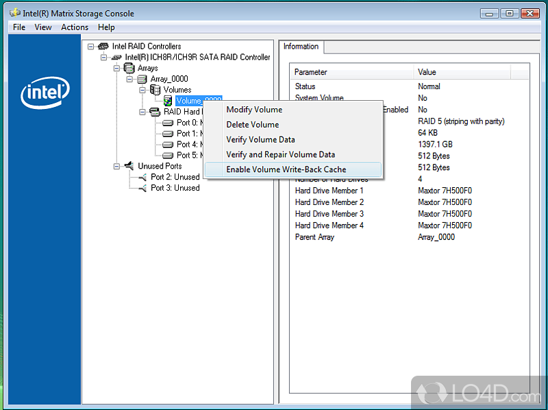 Providing support for Serial ATA RAID 0 arrays - Screenshot of Intel Matrix Storage Manager