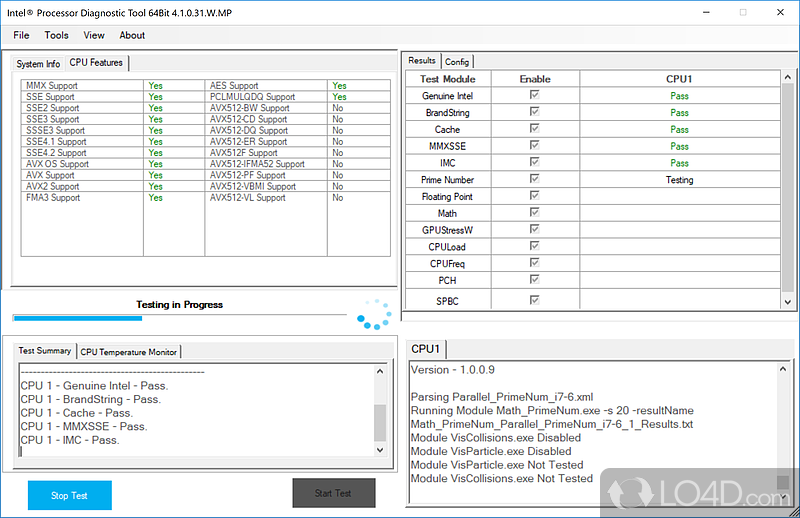 Provides benchmarking functionality to Intel processors - Screenshot of Intel Processor Diagnostic Tool