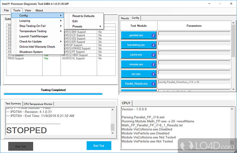 Intel Processor Diagnostic Tool: User interface - Screenshot of Intel Processor Diagnostic Tool