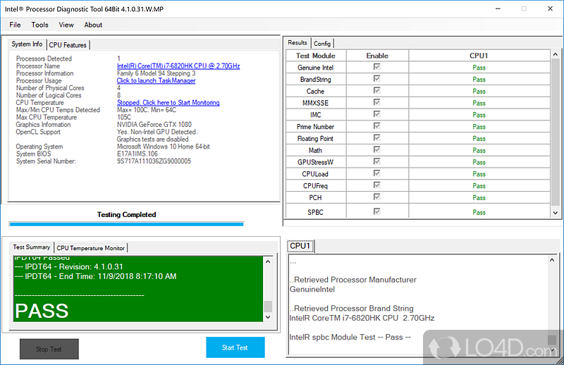 To check the functionality status of Intel processor - Screenshot of Intel Processor Diagnostic Tool