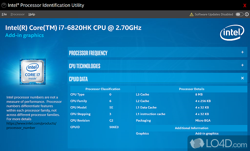 Displays information about installed processor and its features - Screenshot of Intel Processor Identification Utility