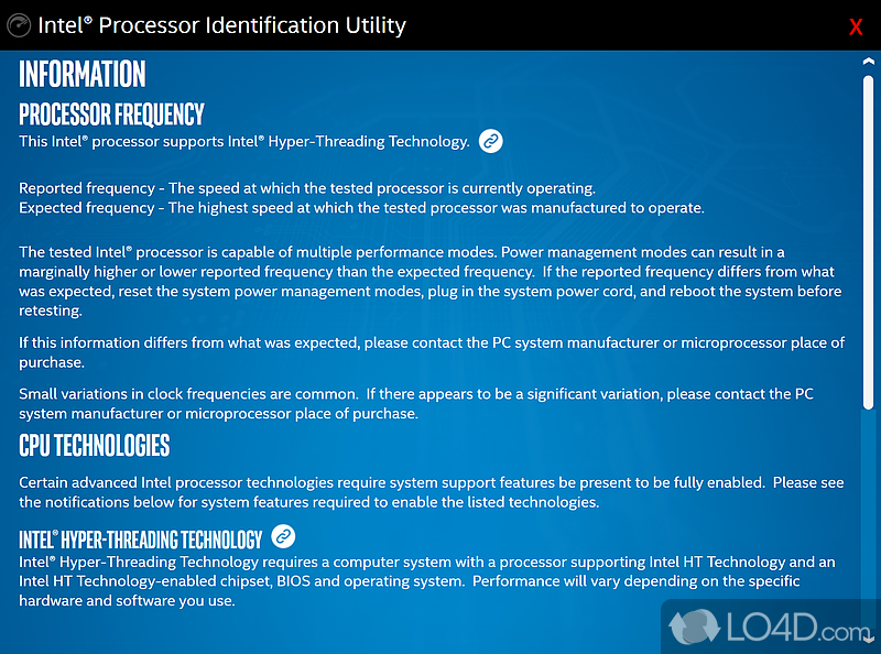 Intel Processor Identification Utility: User interface - Screenshot of Intel Processor Identification Utility