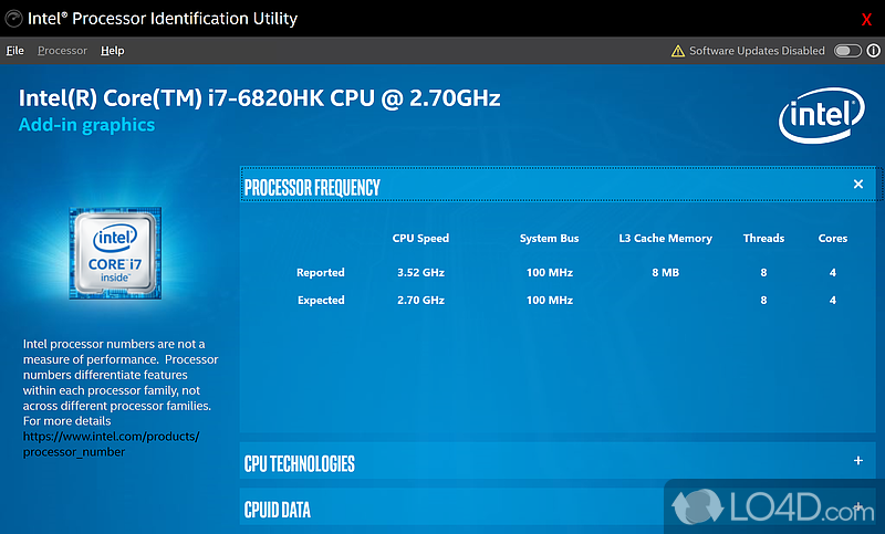 Identify characteristics of the processor inside a system fast - Screenshot of Intel Processor Identification Utility