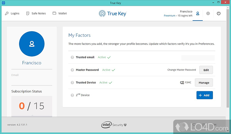 Password management system with two-factor authentication by Intel - Screenshot of True Key