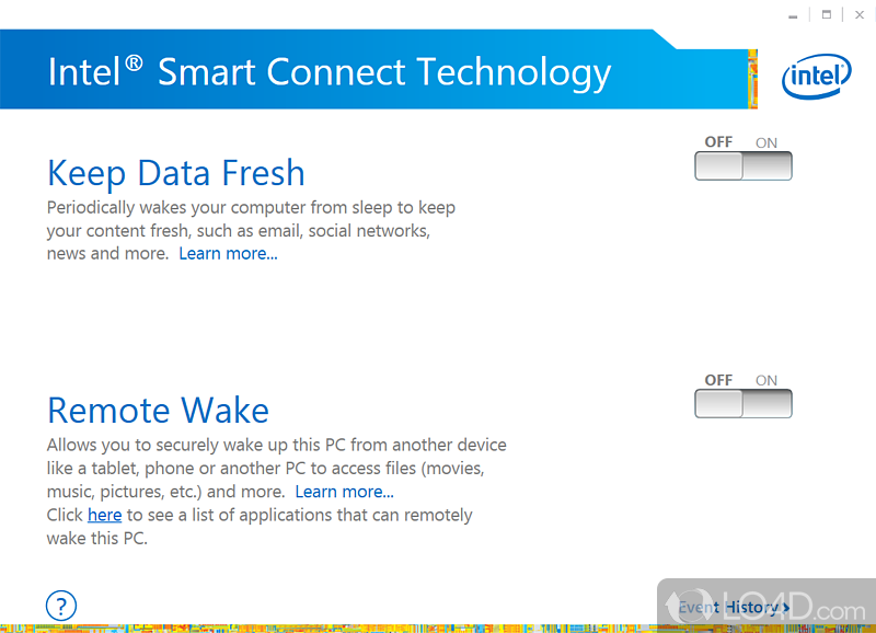 Updates programs by periodically waking PC from Sleep/Standy mode for a brief period of time - Screenshot of Intel Smart Connect Technology