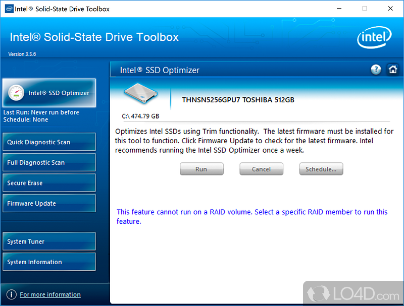Diagnose and tweak the Intel SSD drive - Screenshot of Intel SSD Toolbox