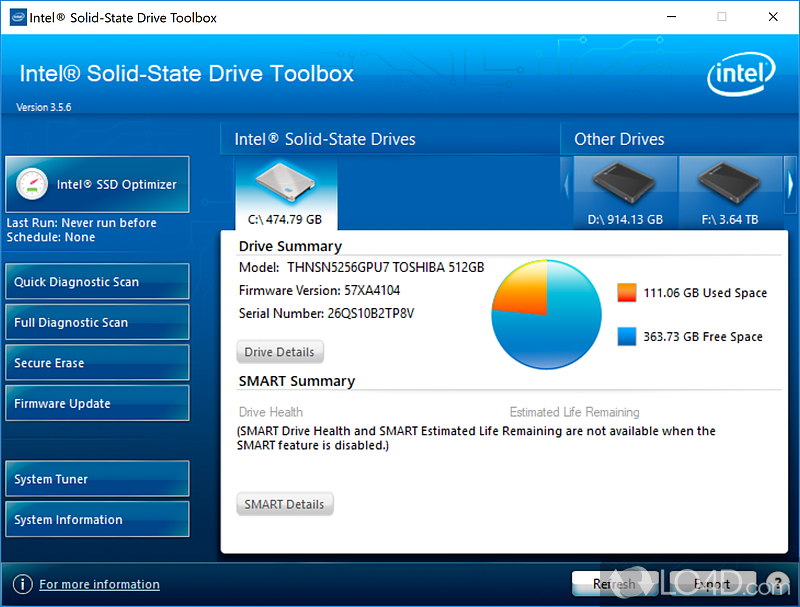 Monitor Intel SSD's performance, perform quick diagnose tests on it - Screenshot of Intel SSD Toolbox