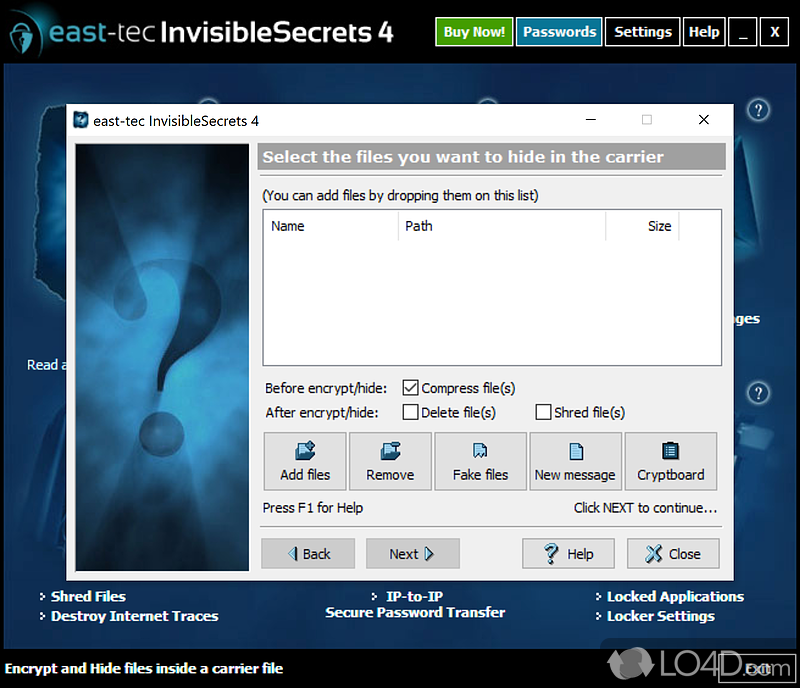 Invisible Secrets: User interface - Screenshot of Invisible Secrets