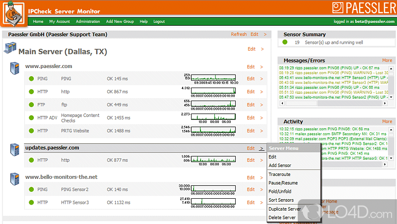 Server Uptime/Downtime Monitor - alerts staff if a server - Screenshot of IPCheck Server Monitor