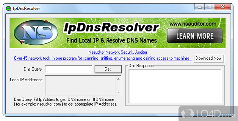 Finds IP address and resolves host names to IP addresses using the DNS, with options for all user levels - Screenshot of IpDnsResolver