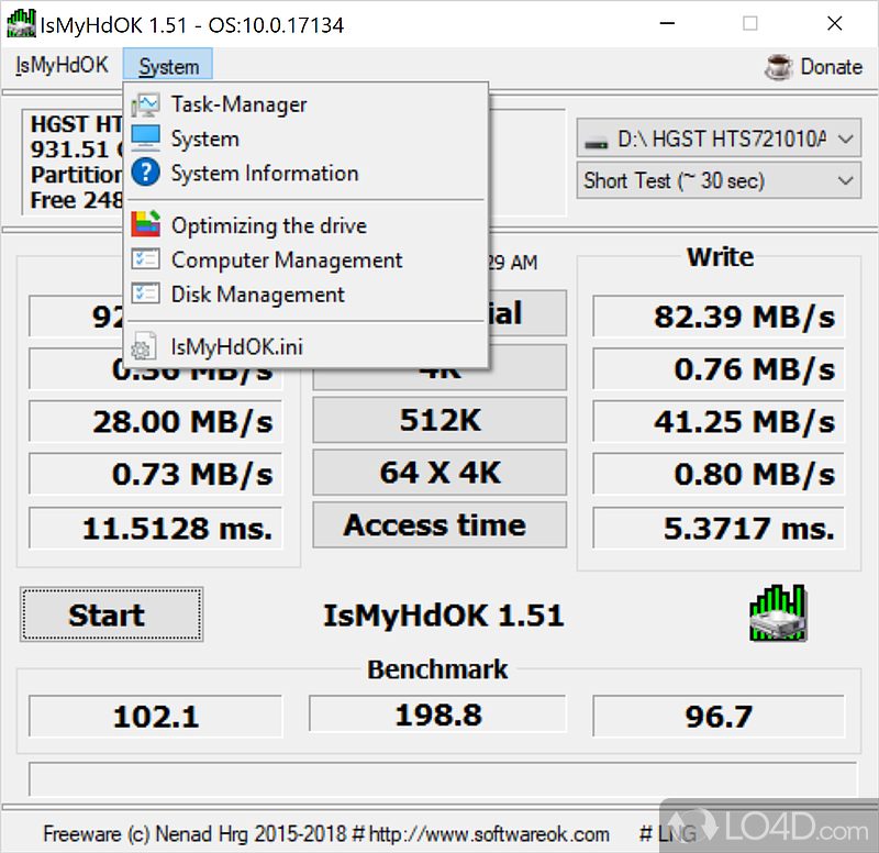 Run benchmarking tests on your partitions to estimate their performance - Screenshot of IsMyHdOK