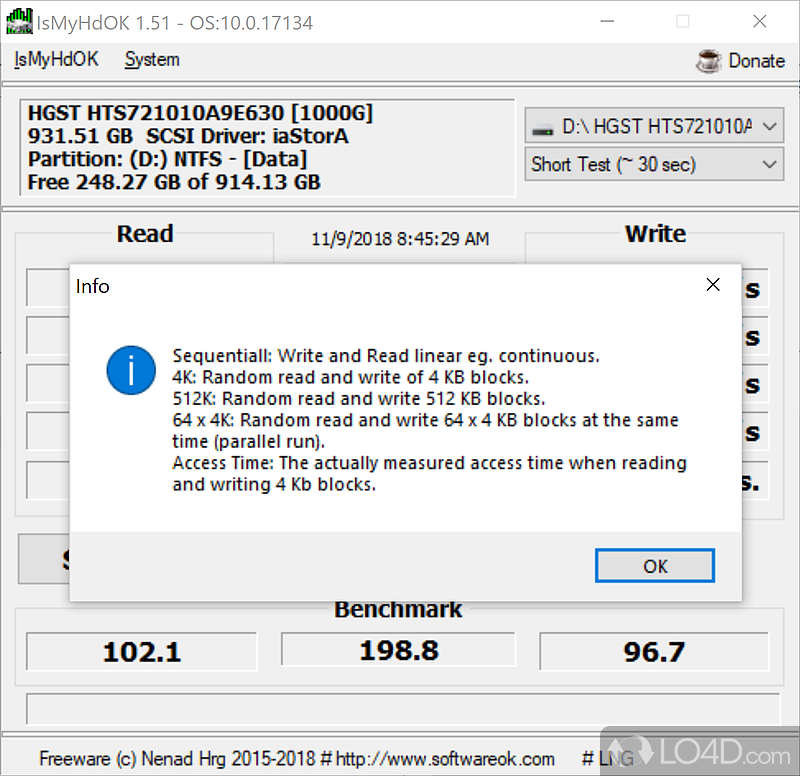 Test the performance of SSD, HDD, USB and SD storage devices - Screenshot of IsMyHdOK