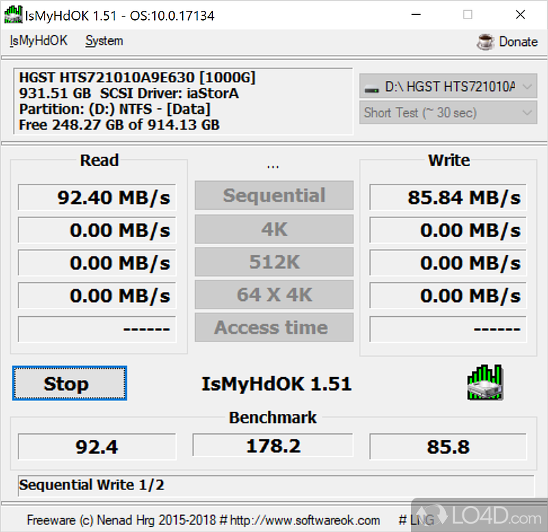 And use-friendly app to run benchmarking tests on SSD, HDD, SD card, USB stick and estimate their read and write speeds - Screenshot of IsMyHdOK