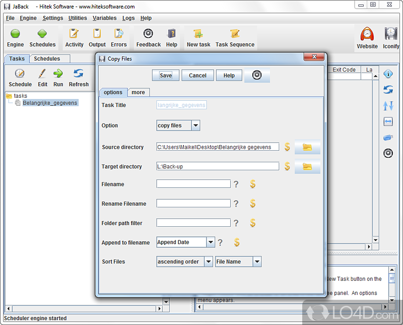 To create or complex backup, synchronization and archiving tasks in a few steps using a set of features - Screenshot of JaBack