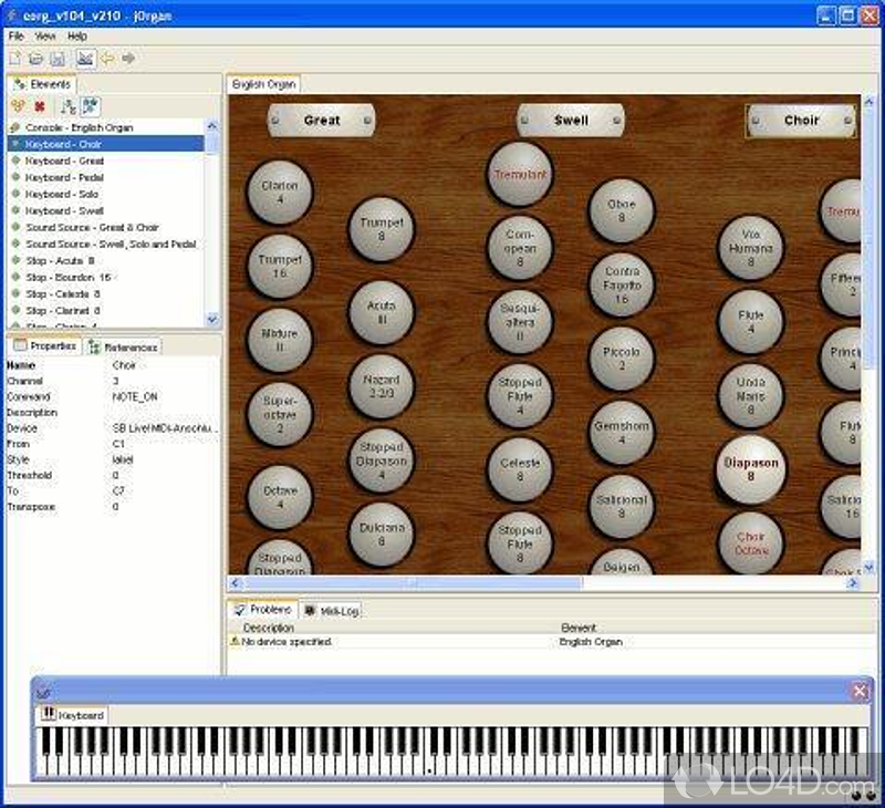 MIDI console that emulates an organ, with unification, arrangement of pipe ranks by chamber - Screenshot of jOrgan