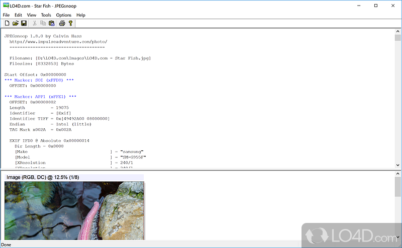 Provides you the possibility to extract the hidden information in photo files, like EXIF metadata - Screenshot of JPEGsnoop