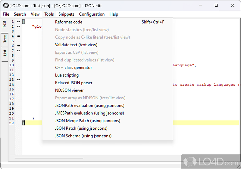 View node statistics and validate the text - Screenshot of JSONedit