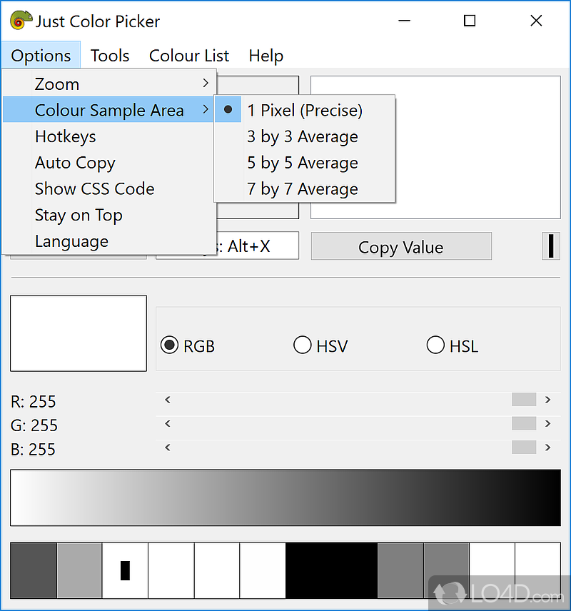 Reduce the color sample area to an average of 3x3, 5x5 or 7x7 average - Screenshot of Just Color Picker