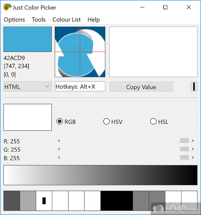 Pick a color from anywhere on screen, add it to a bank of colors captured from pictures - Screenshot of Just Color Picker