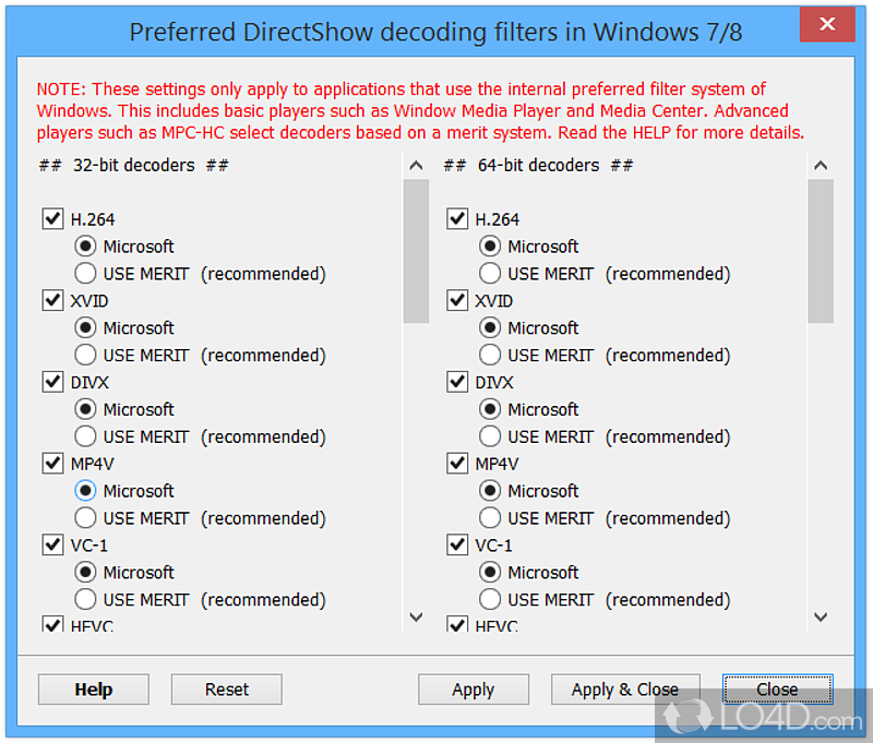 Fixes and removes broken codecs and filters - Screenshot of K-Lite Codec Tweak Tool