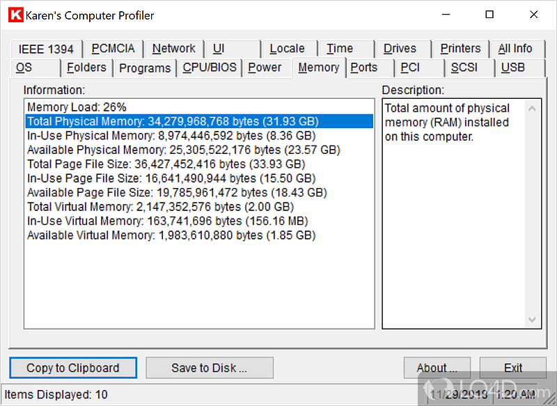 System information about a PC including hardware components - Screenshot of Karen's Computer Profiler