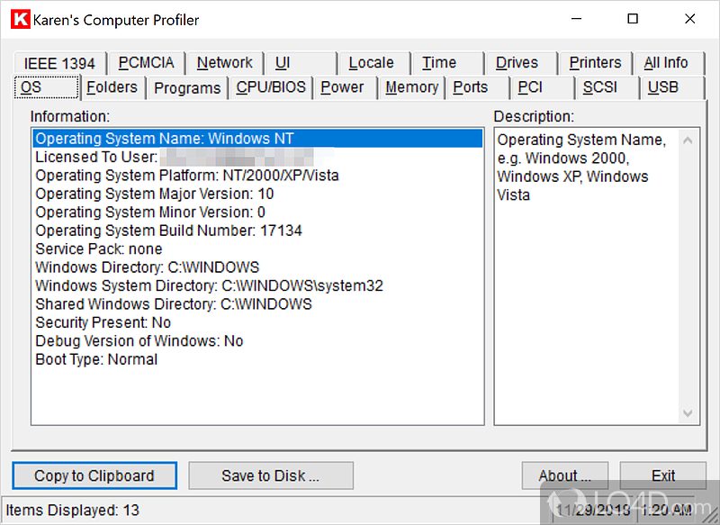 View information regarding system's software and hardware components - Screenshot of Karen's Computer Profiler