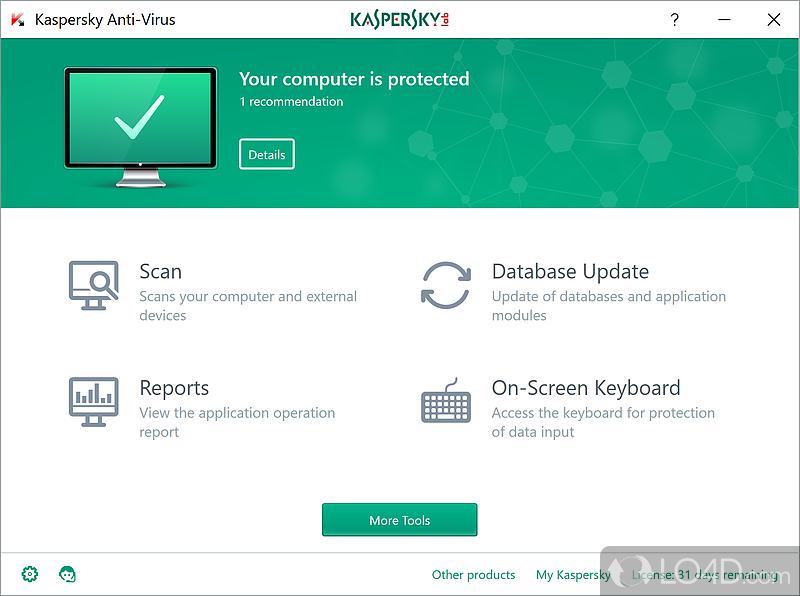 Accessible and antivirus solution that allows users to protect their PC from various types of malware - Screenshot of Kaspersky Antivirus