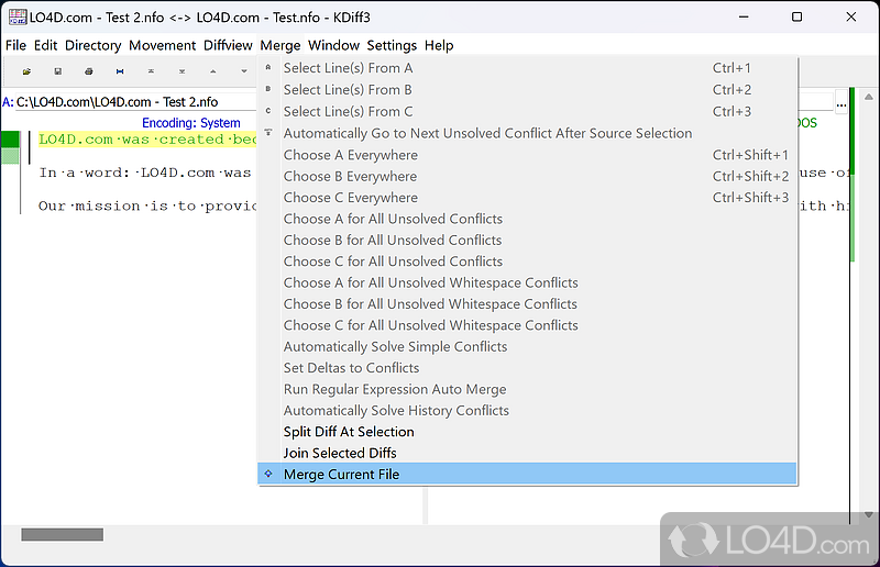 Text analysis software to spot differences between files - Screenshot of KDiff3