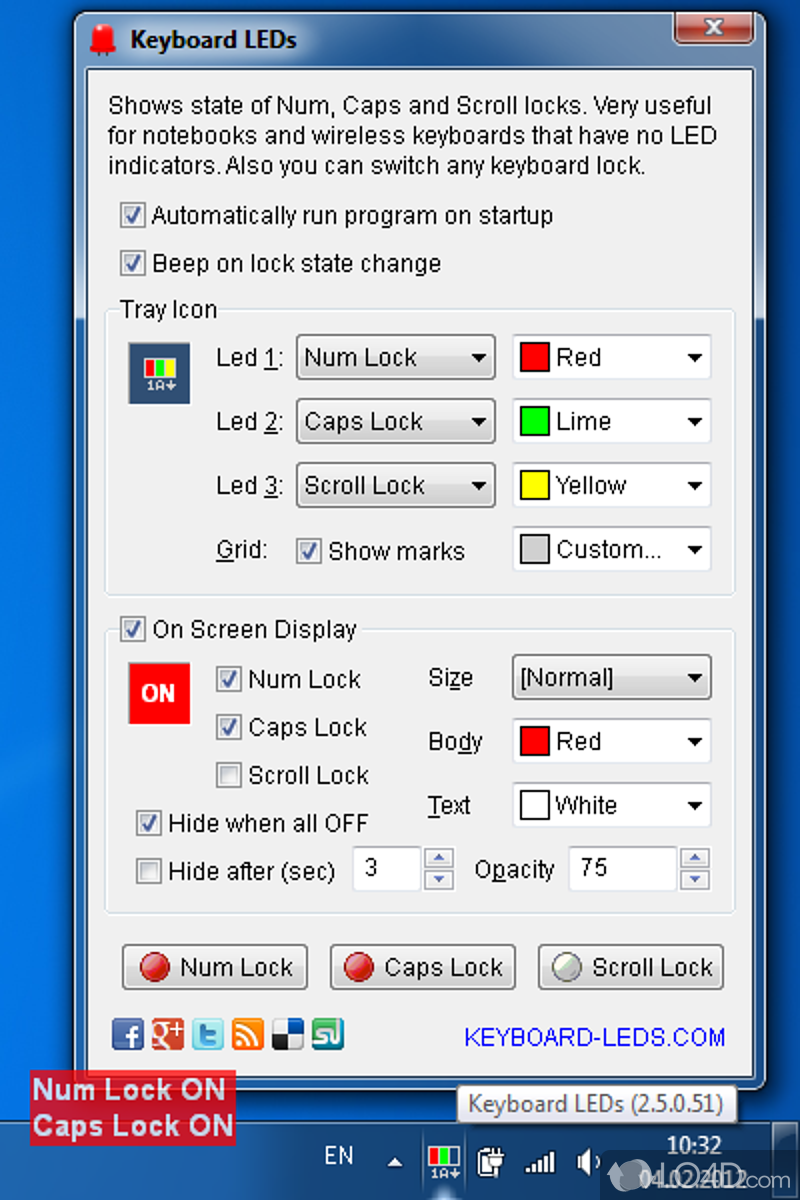 Caps, Num and Scroll lock indicator in the system tray and on the screen - Screenshot of Keyboard LEDs