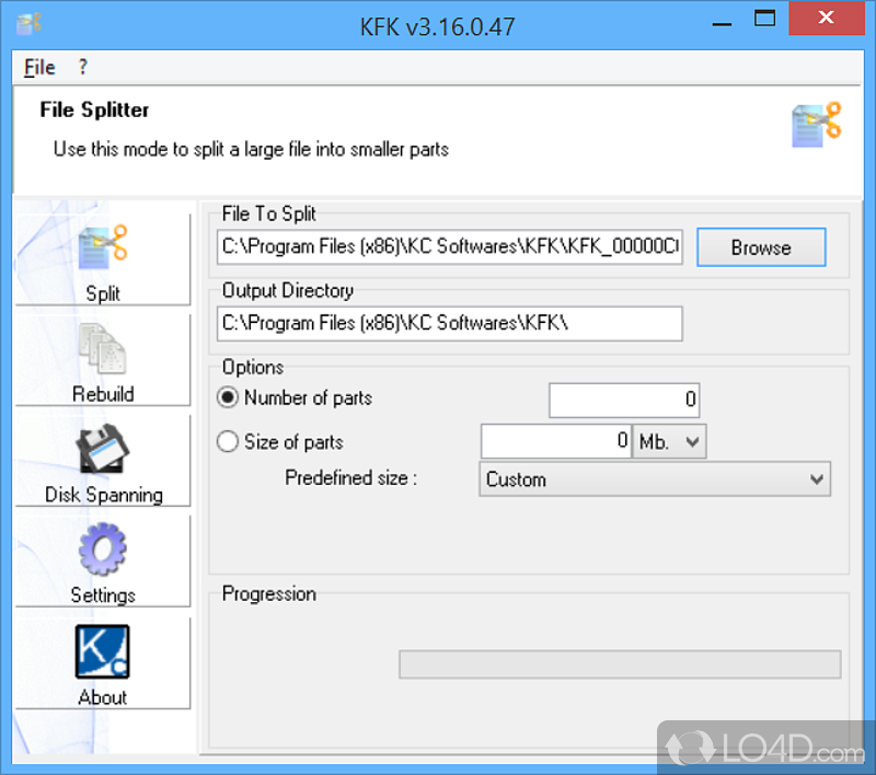 Split files into smaller parts, of preset or custom sizes - Screenshot of KFK