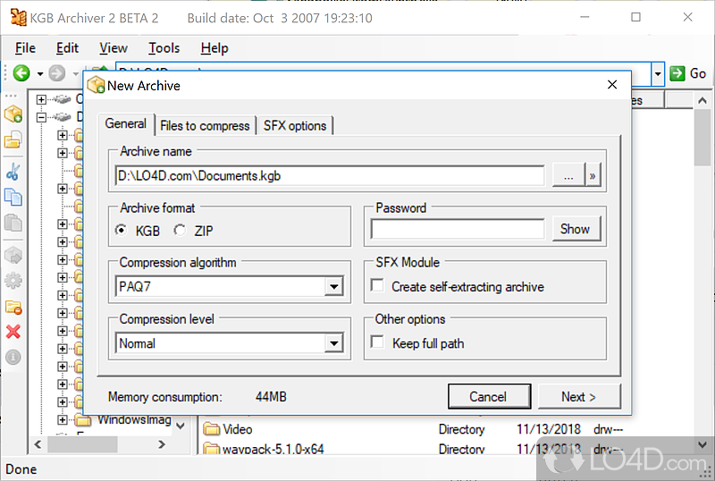 Free file compression tool for personal computers - Screenshot of KGB Archiver