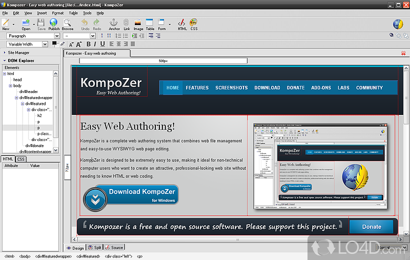 Free WYSIWYG HTML editor - Screenshot of KompoZer