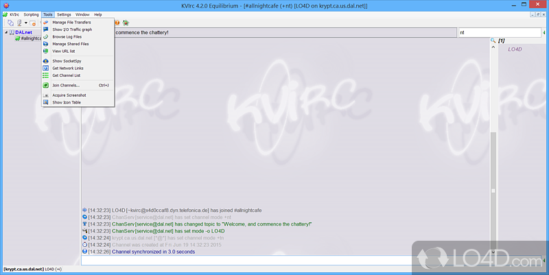 A number of tools are available, including file transfers and network data - Screenshot of KVIrc