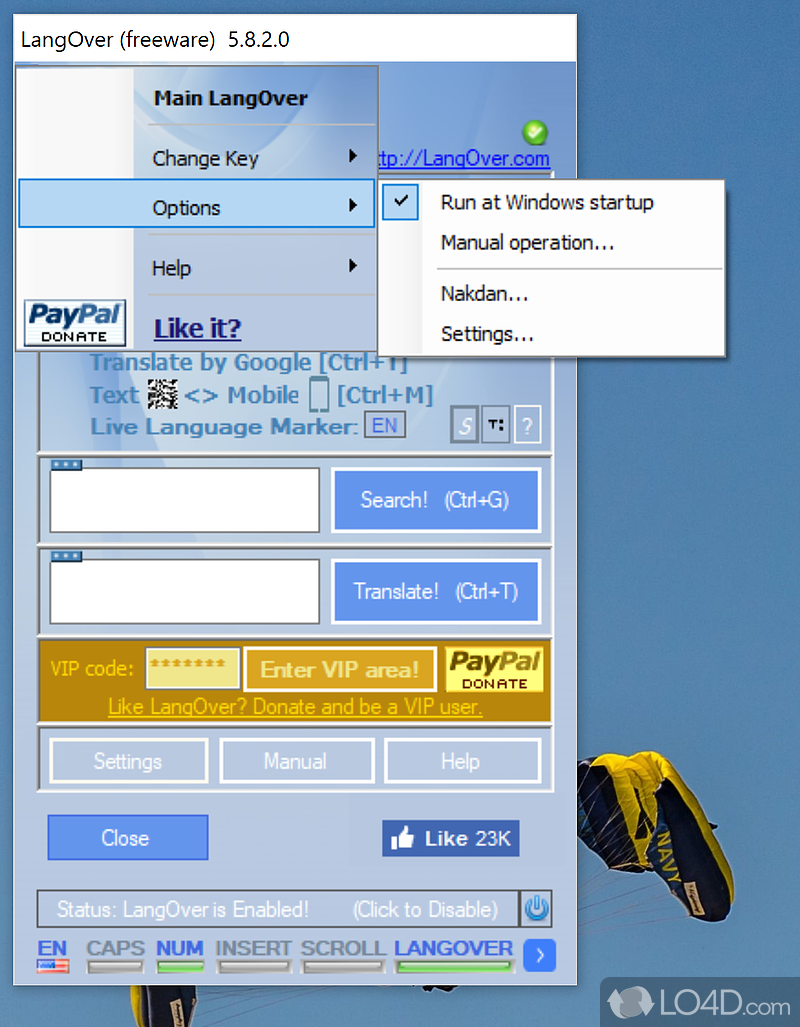 Change easy the default language - Screenshot of LangOver